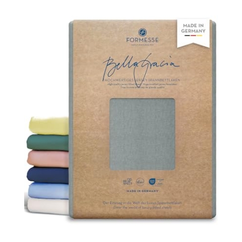 Formesse – Bella Gracia Jersey Spannbettlaken 180x190-200x220cm - bis 25cm Höhe - 97% Baumwoll-Kompaktgarn/Spannbetttuch aus Deutschland/Baumwoll Bettlaken mit Elastan - Farbe Zement