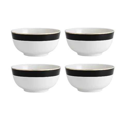 MIKASA Luxe Deco Porzellan Müslischalen, 4er-Set runde Schalen mit Art Deco-Muster, 21cm | Suppenschalen für 4 Personen - als Geschenk verpackt und spülmaschinenfest