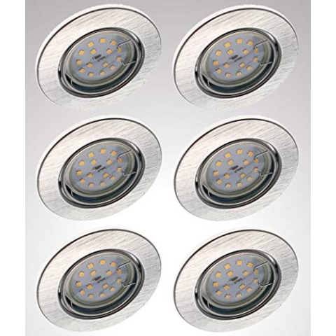 Trango 6er Set LED Einbaustrahler aus ALU gebürstet Rund 6729-069MOSD inkl. 6x 5 Watt 3-Stufen dimmbar LED Modul 3000K warmweiß, Einbauleuchte, Deckenspot, Einbauspot, Deckenleuchte