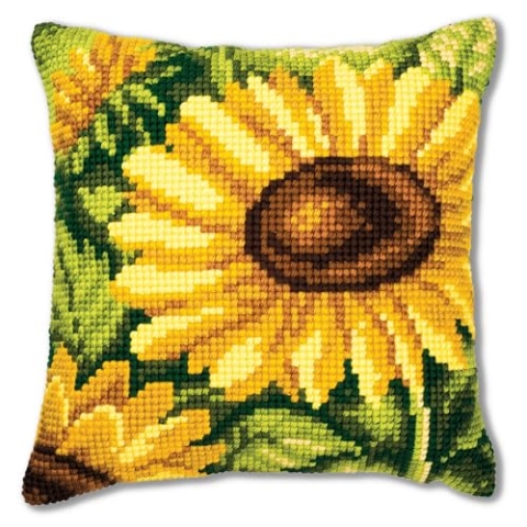 Vervaco Kreuzstich Stickpackungen Kissen Stickerei Set Anfänger Vorgedruckt Sonnenblume DIY Set Kreativ Set Für Erwachsene Dekoratives Kissen ca. 40 x 40 cm Bastelset Handwerker Haus Dekoration