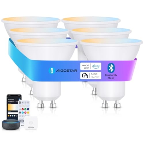 Aigostar Mesh - 6.5W GU10 Alexa Glühbirne Bluetooth Mesh, Smarte Glühbirne Funktioniert mit Alexa, GU10 LED Smart Bulb 555LM CCT(2700K-6500K), 6 Stücke (mit Bluetooth-Fernbedienung und Gateway)