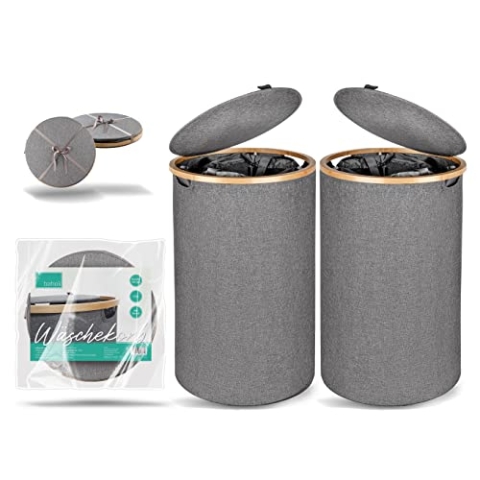 BAHOLI 2er SET Wäschekorb mit Deckel [100L] - Runder Wäschesammler mit herausnehmbaren Wäschesäcken - Faltbare Wäschebox mit stabilem Stand - Wäschetonne rund - Laundry Baskets