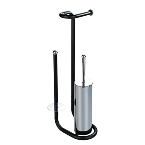 WENKO Stand WC-Garnitur Universalo Schwarz, mit integriertem Toilettenpapierhalter und WC-Bürstenhalter, aus lackiertem Stahl, 20 x 62,5 x 23 cm, Schwarz