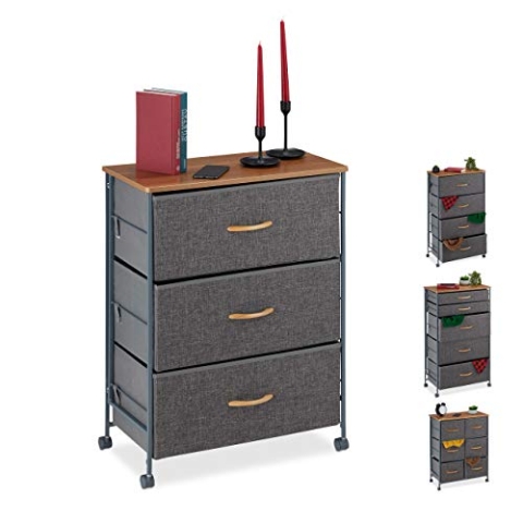 Relaxdays Schubladenschrank mit Rollen, 3 Stoff Schubladen, Deko Stoffschrank, Holzoptik, HBT 74,5 x 58 x 30 cm, grau