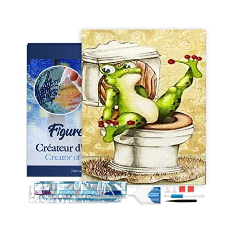 Figured'Art Diamond Painting Erwachsene 40x50cm Mit Rahmen Ganze Leinwand gespannt Frosch in Toilette 5D Bilder Eckige Steine - DIY Set Basteln