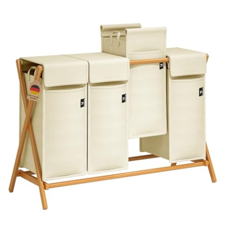 AdelDream 200L Wäschekorb mit 4 Fächern – Bambus Wäschesammler & Wäschesortierer, Wäsche Sortiersystem, X-förmige Wäschebox, Beige