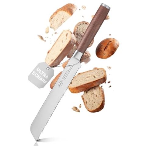 RÖSLE Brotmesser Masterclass 20 cm - Hochwertiges Brot Messer mit Wellenschliff, Küchenmesser für Brot, Brötchen und Baguette, ein scharfes Schneidemesser mit ergonomischem Griff aus Walnussholz