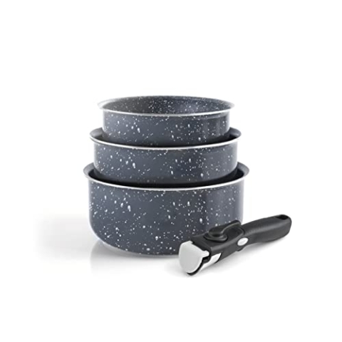 Qulinart by Brandt 194-007, 4-teiliges Kochgeschirr-Set - Marmorgrau Aluminium - Ø 16/18/20 cm
