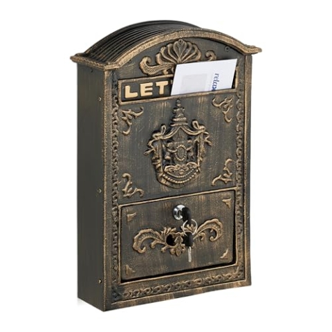 Relaxdays Briefkasten Vintage, verzierter Postkasten, HxBxT: 42 x 28 x 10 cm, A4 Briefschlitz, 2 Schlüssel, Bronze/Gold