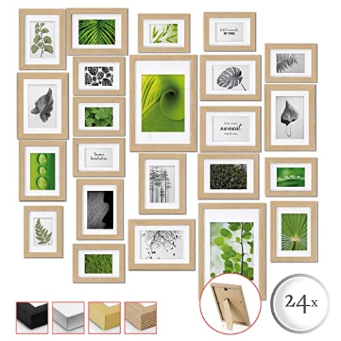 bomoe 30er Bilderrahmen Set Emotion - Fotorahmen Collage Fotowand Photo Frame Set aus Holz & Plexiglas mit Passepartout & Aufsteller - 10x 10x15 / 15x 13x18 / 5x 20x30 Bilder Rahmen in Eiche