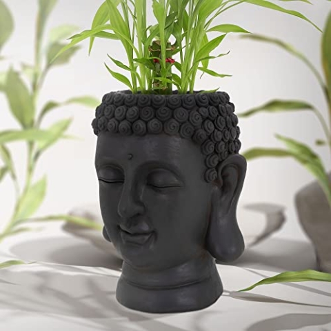 ML-Design Pflanztopf Buddha Figur Kopf 23x23x44 cm, Anthrazit, Harz, Innen- und Außenstatue, massiv, Groß Büste Skulptur, Pflanzgefäß Blumentopf Übertopf Gesicht Pflanzer Gartendeko Pflanzen Vase Urne