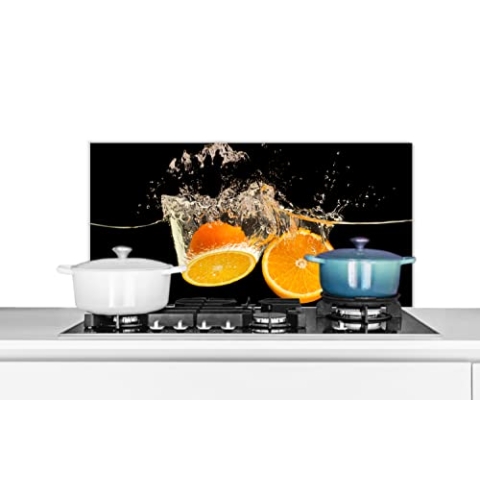 Spritzschutz Küche Küchenrückwand Alu Poster Bilder 80x40 cm Orange - Stillleben - Wasser - Schwarz - Obst