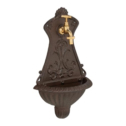 Relaxdays Wandbrunnen, nostalgischer Gartenbrunnen, Waschbecken & Wasserhahn, HBT: 42 x 24,5 x 11,5 cm, Gusseisen, braun