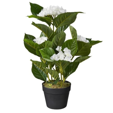 HTT Decorations - künstliche Hortensie mit weißen Blüten - Kunstpflanze im Topf - unechte Pflanze - Kunstblume - Kunstpflanze wie echt - 58 cm Höhe