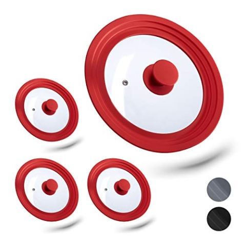 Relaxdays 4 x Topfdeckel universal, Flexibler Glasdeckel mit Silikonrand & Dampfloch, Töpfe & Pfannen mit Ø 20-24cm, rot