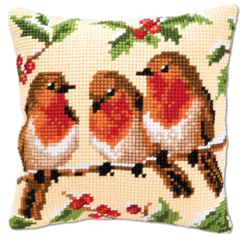 VERVACO Kreuzstich Stickpackungen Kissen Stickerei Set Anfänger Vorgedruckt 3 Rotkehlchen DIY Set Kreativ Set Für Erwachsene Dekoratives Kissen ca. 40 x 40 cm Bastelset Handwerker Haus Dekoration