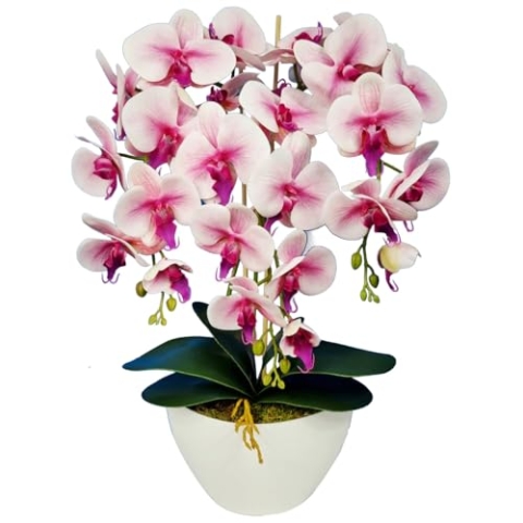 Damich Künstliche Orchidee im Blumentopf Pflanze Künstliche Blume Kunstorchidee Dekoration 3-Blütenzweige Höhe ca. 60cm (Rosa)