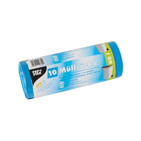 PAPSTAR 10 Müllsäcke, LDPE 60 l 85 cm x 60 cm blau, Sie erhalten 9 Packungen á 10 Stück (insgesamt 90 Stück)