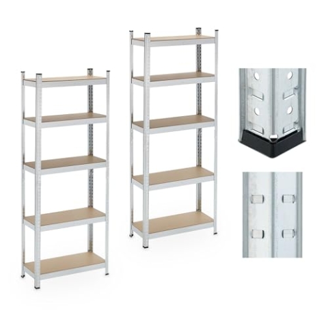Relaxdays Schwerlastregal, 2er Set, 5 Ebenen, HBT 180x70x30 cm, bis 500 kg, Stahl, Lagerregal, Keller & Garage, Silber, Faserplatte, 180 x 70 x 30 cm