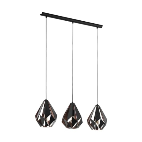 EGLO Pendellampe Carlton 1, 3 flammige Vintage Pendelleuchte, Retro Hängelampe aus Metall in Schwarz und Kupfer, E27 Fassung