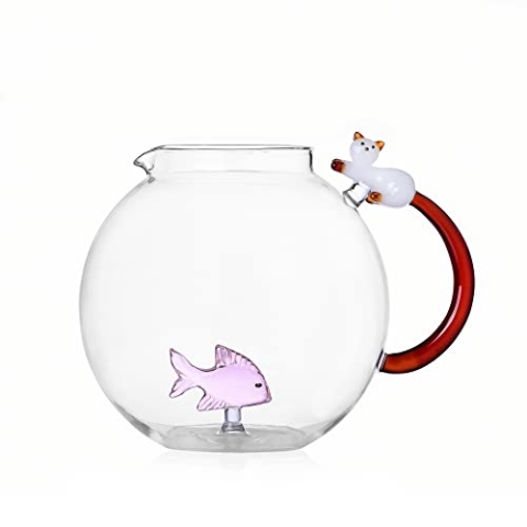 Ichendorf Milano Krug, Rosa Fisch und Weiße Katze, Kollektion Tabby Cat, 240 cl, Borosilikatglas, Handgefertigt