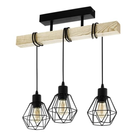 EGLO Deckenlampe Townshend 5, 3 flammige Vintage Deckenleuchte im Industrial Design, Retro Pendelleuchte aus Stahl und Holz, Schwarz, braun, FSC zertifiziert, E27 Fassung