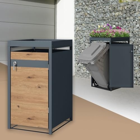 ML-Design Mülltonnenbox 1er mit Pflanzdach für 1 Tonne, 240L, 68x80x124 cm, Eiche-Optik, Stahl, wetterfest, Abschließbare Mülltonnenverkleidung mit Tür, Müllbox Mülltonnecontainer Mülltonnenabdeckung