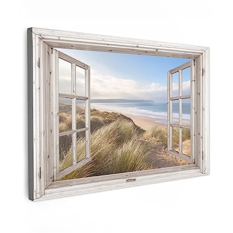 MuchoWow Leinwand Bilder, Einzigartige Wanddeko mit Rahmen, Durchblick - Strand - Meer - Dünen - Strandgras - Sand - Blau, Wandbilder Wohnzimmer, Deko Schlafzimmer 150x100 cm