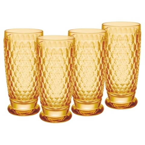 Villeroy & Boch Boston Saffron Longdrinkgläser 4er Set, 400 ml, Farbige Trinkgläser mit Facettenmuster, Kristallglas für Cocktails, Spülmaschinengeeignet, Gelb