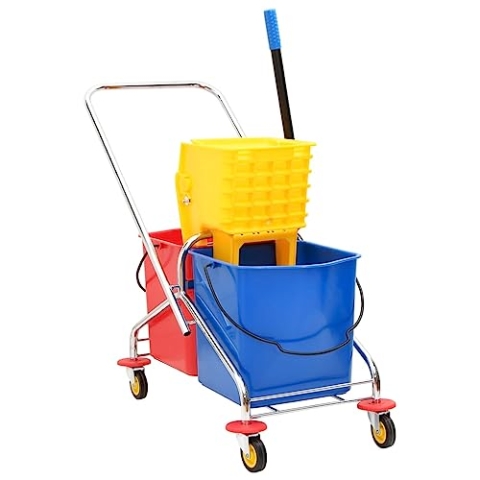 vidaXL Reinigungswagen, Putzwagen mit Eimern Presse, Wischwagen Haushaltswagen mit Auswringfunktion, Systemwagen Wischset, PP Verchromter Stahl