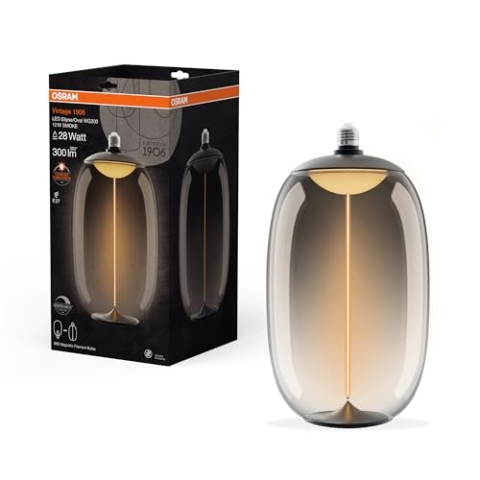 OSRAM Vintage 1906 Big Elipse Oval ist eine dimmbare LED-Lampe aus Kunststoff mit Filament in Ellipsenform. Sie bietet 12 W für 300 lm, E27 Fassung, Smoke Design, 200 mm Durchmesser, CRI 80, 1800 K.