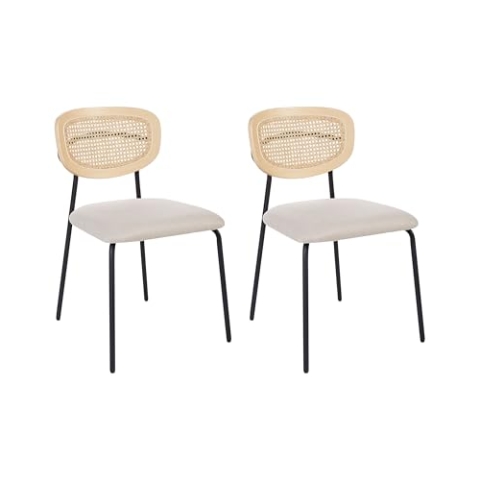 Beliani Esszimmerstuhl 2er Set Rattan natürlich Wiener-Geflecht Stoffbezug beige Mayetta