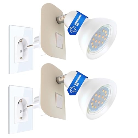 Trango 2er Pack Steckdosenlicht 11-246 Nachtlicht mit Glasschirm inkl. je 1x GU10 LED Leuchtmittel 3000K warmweiß & Ein/Aus- Schalter Steckdose Orientierungslicht, Treppenlicht, Steckdosenlicht