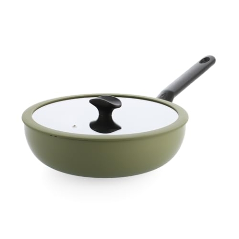 BK Enjoy Keramik-Wokpfanne mit Deckel Ø 28 cm/4,2 l, PFAS-frei, Induktionsgeeignet, Ofenfest bis 160 °C, Spülmaschinenfest, Schnelle Erhitzung, Cool-Touch-Griffe, Olivgrün