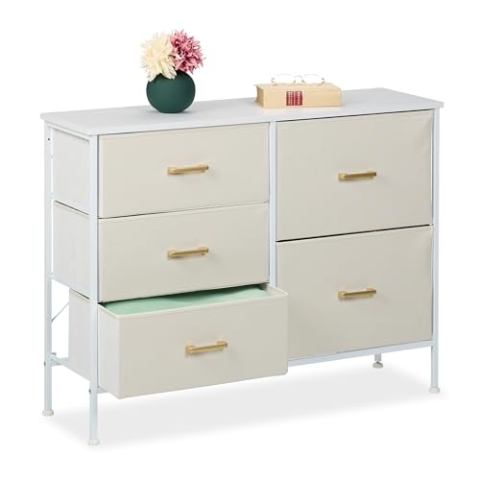 Relaxdays Kommode, 5 Stoffschubladen, Flur, Schlafzimmer, HxBxT: 76 x 100 x 31 cm, Schubladenschrank, Metall, weiß/Gold