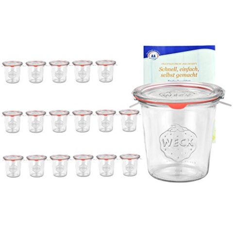 MamboCat 18er Set Weck Gläser 580ml 1/2 Liter Sturzgläser mit 18 Glasdeckeln, 18 Einkochringen und 36 Klammern inkl. Diamant-Zucker Gelierzauber Rezeptheft I Original Weck Sturzgläser