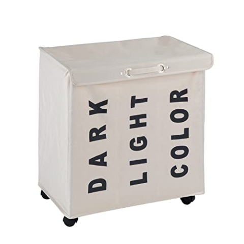 WENKO Wäschesammler Trivo Beige, Stabiler Wäschekorb mit Vier leichtgängigen Rollen und Deckel, 116 l Stauraum und DREI Fächer, (B x H x T): 56 x 60 x 35 cm, Aufschriften Dark, Light, Color