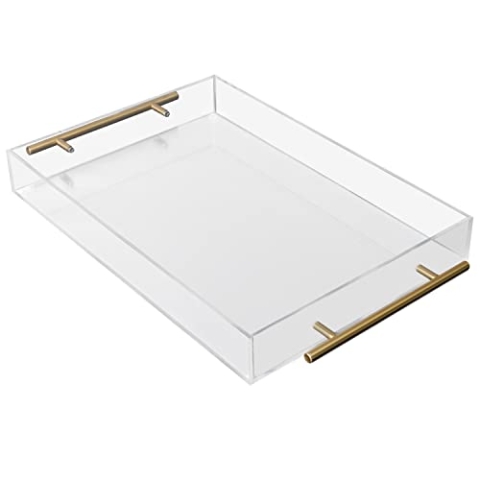 Kurtzy Klares Acryl Tablett Serviertablett Kunststoff mit Goldenen Griffen - L46 x B27,5 cm - Großes Deko Tablett Rechteckig Auslaufsicher - Tee / Kaffee, Getränke, Frühstück & Essen Tablett