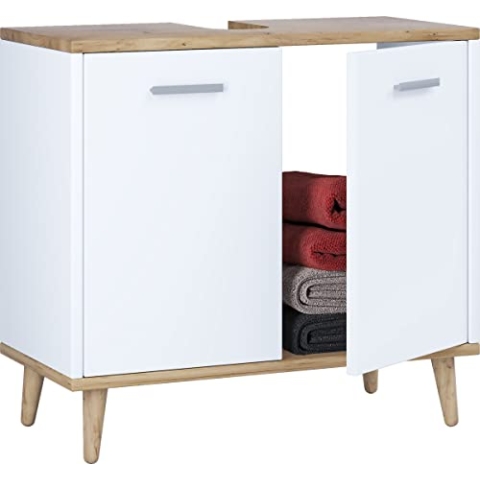 VCM Holz Waschbeckenunterschrank | Badschrank | Maße: H. 56 x B. 60 x T. 28 cm | 2 große Drehtüren - Landos Weiß/Honig-Eiche