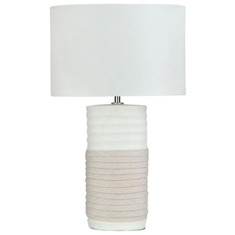 Klassische Tischlampe Leinen/Porzellan weiß und helles Beige Navia