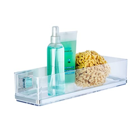 WENKO Vacuum-Loc Badezimmer Wandregal Quadro Maxi, 2 Etagen, Mit herausnehmbarer Schale, Befestigen ohne Bohren, Rostfreier Edelstahl/Kunststoff, 38,5 x 8,5 x 14,5 cm