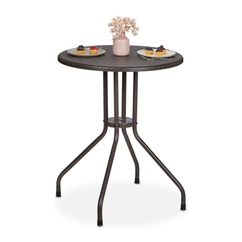 Relaxdays Gartentisch, H x D: 73 x 60 cm, Rattanoptik, Kunststoff & Stahl, Outdoor Esstisch, runder Balkontisch, braun