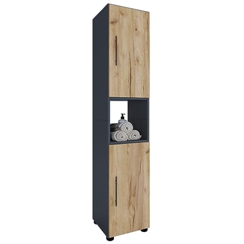VCM Holz Badezimmerschrank | Badmöbel | Stand Badregal | Hochschrank | Maße ca. H. 153 x B. 31 x T. 30 cm - Flandu Anthrazit/Honig-Eiche