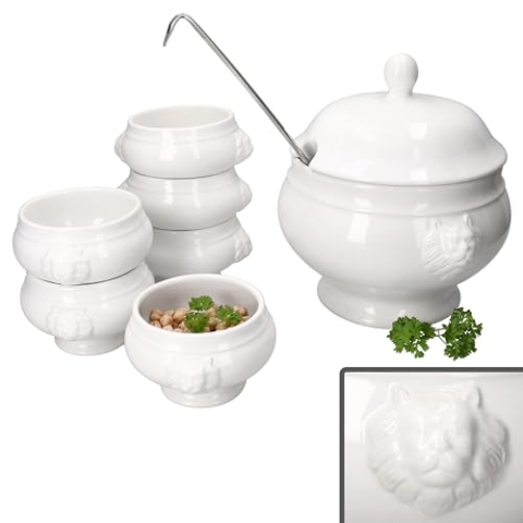MamboCat 7tlg. Set Leo Löwenkopf-Terrine mit & ohne Deckel I 6X 0,25L & 1x 2 Liter I weiße Suppenschüssel mit Löwenköpfen für Suppe & Eintöpfe