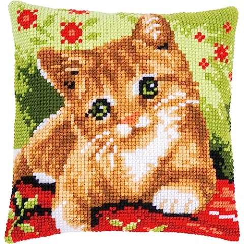 Vervaco Kreuzstich Stickpackungen Kissen Stickerei Set Anfänger Vorgedruckt süßes Kätzchen DIY Set Kreativ Set Für Erwachsene Dekoratives Kissen ca. 40 x 40 cm Bastelset Handwerker Haus Dekoration