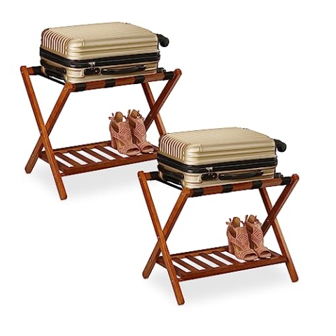 Relaxdays Kofferständer klappbar, 2er Set, Holz, H x B x T: 54 x 66 x 45 cm, 2 Ablagen, Kofferaufbewahrung Hotel, Natur