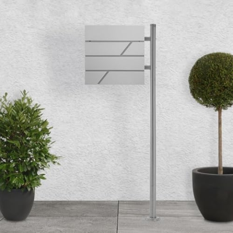 ECD Germany Standbriefkasten mit Zeitungsfach, Briefkasten mit Pfosten, Standfuß freistehend, Briefkastenanlage Briefkastenständer Silber Edelstahl, Postkasten Hellgrau Edelstahl pulverbeschichtet
