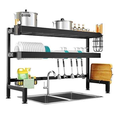 NETEL Abtropfgestell Über Spüle, 3-Stufig Geschirr Abtropfständer, Rostfreie Küche Über Dem Waschbecken Regal Spülbecken Organizer mit Utensilienhalter, Schneidebretthalter, Schwarz, Länge 105cm