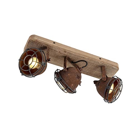 QAZQA - Industrie I Vintage I IndustrieSpot I Spotlight I Deckenspot I Deckenstrahler I Strahler I Lampe I Leuchte rostbraun mit Holz kippbar 3-flammig Spotbalken-Licht - Gina I Wohnzimmer I Schlafzim