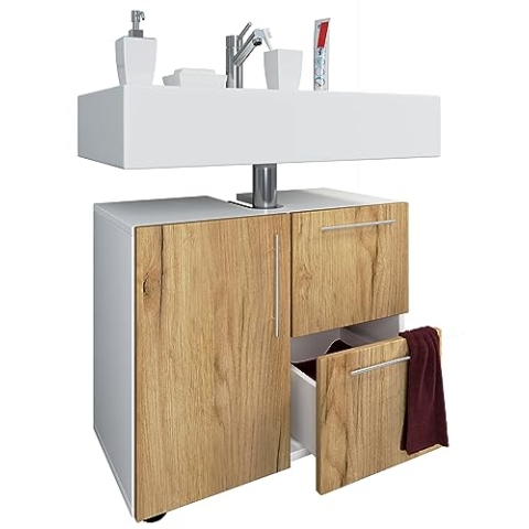 VCM Holz Waschbeckenunterschrank | Badschrank | Maße: H. 51 x B. 61 x T. 32 cm | 1 Drehtür | 2 große Schubladen | modernes Badezimmermöbel - Flandu Weiß/Honig-Eiche
